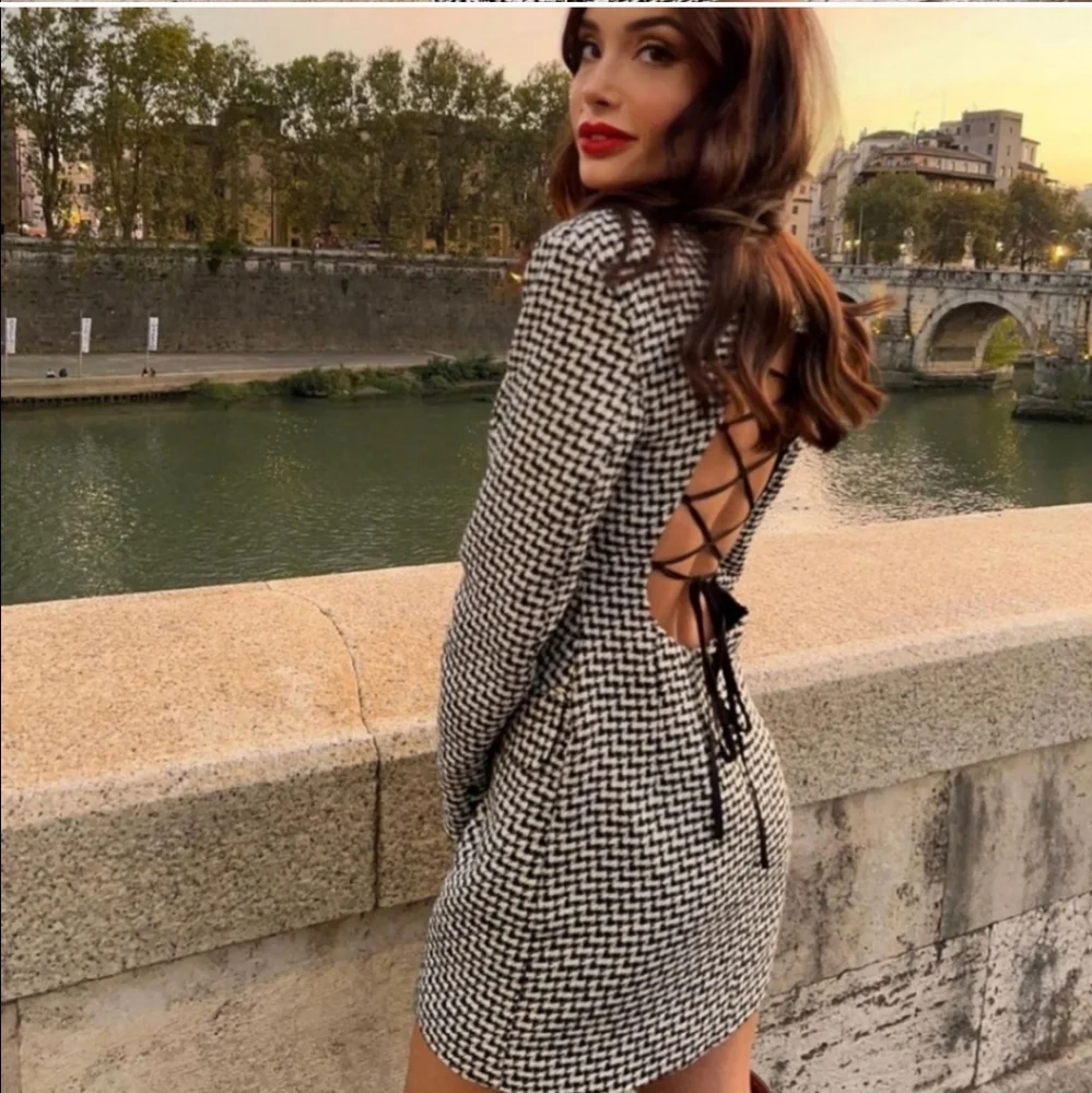 NWT Zara * Houndstooth Textured Tweed Blazer Dress Cut Out Size XS S - Picture 8 of 15
